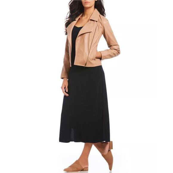 Eileen Fisher Rumpled Lux Moto Leather Jacket size Large US tan/beige color - Picture 4 of 10